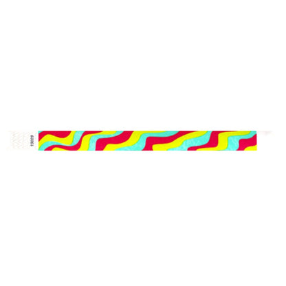 aqua, neon red, neon yellow wavy stripe pattern on a tyvek wristband - flat version shown