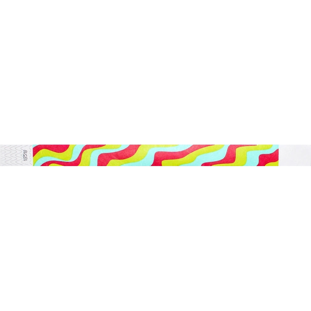 tyvek 3/4" wristband with neon red, neon yellow and aqua groovy stripe pattern showing flat wristband