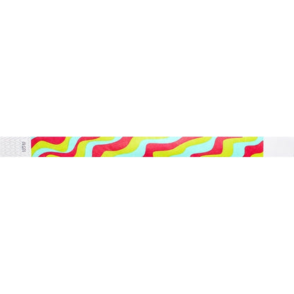 tyvek 3/4" wristband with neon red, neon yellow and aqua groovy stripe pattern showing flat wristband