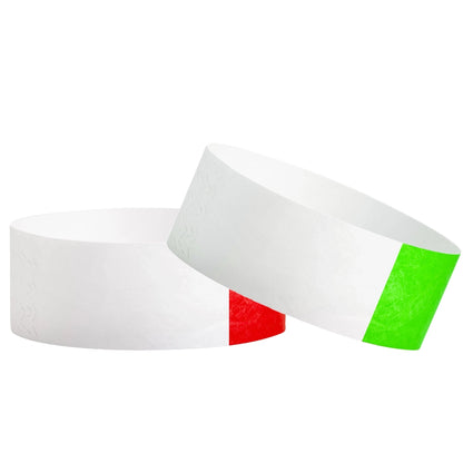 tyvek 1" half flood wristbands shown in neon red and neon green
