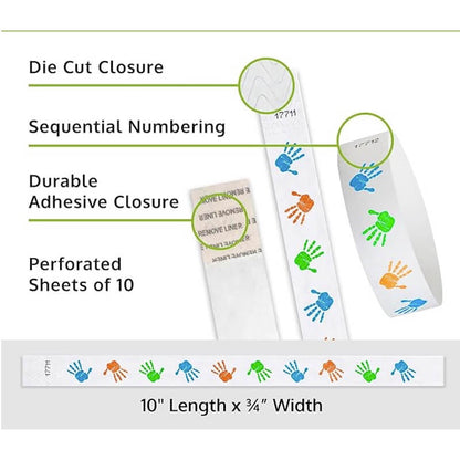 hands  tyvek wristband detail product page showing the die cut adhesive closure, sequential numbering, perforated sheets of 10 and the dimensions.