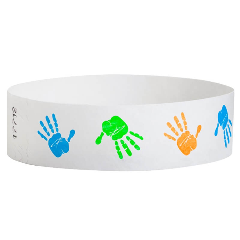White tyvek wristband with neon orange, neon green and neon blue handprints - round version shown