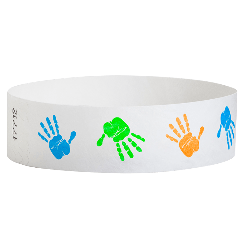 White wristband with colourful handprints in orange, neon green and neon blue on a white background
