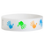 White wristband with colourful handprints in orange, neon green and neon blue on a white background