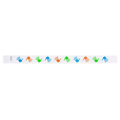 White tyvek wristband with neon orange, neon green and neon blue handprints - flat version shown