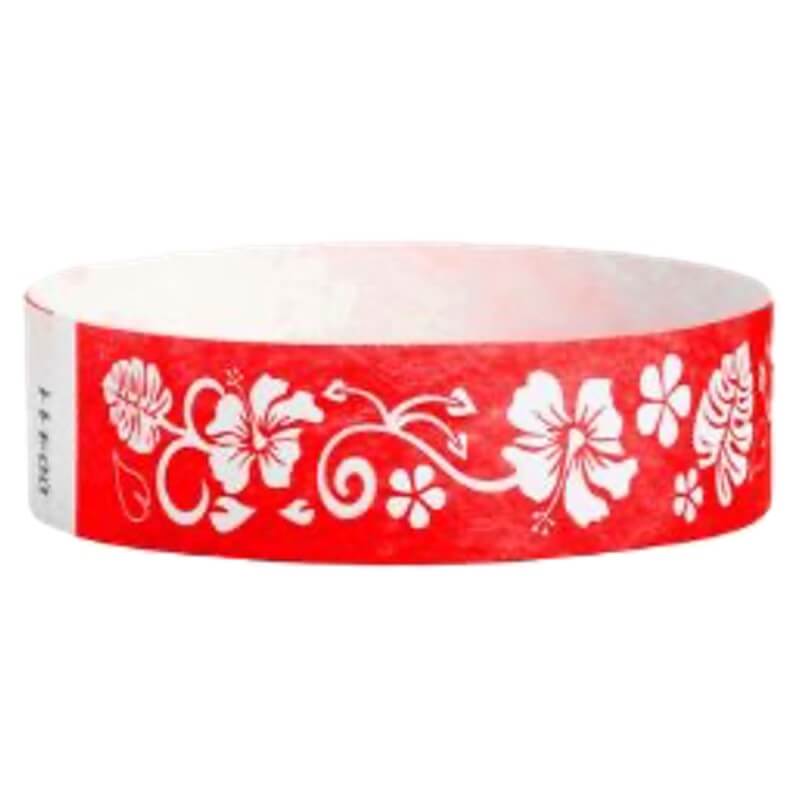Red tyvek wristband with white hawaiian floral pattern - round version shown