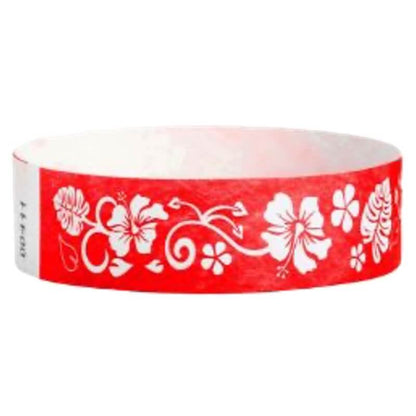 Red tyvek wristband with white hawaiian floral pattern - round version shown