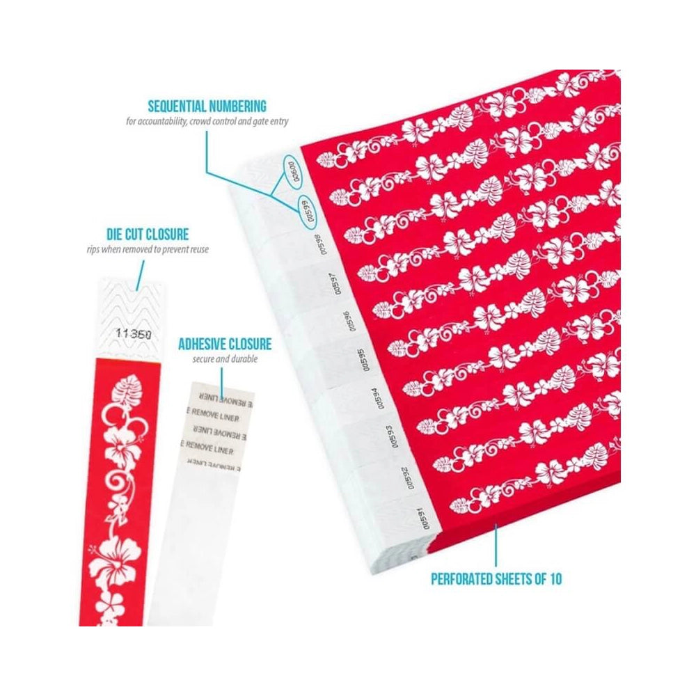 hawaiian flowers tyvek wristband detail product page showing the die cut adhesive closure, sequential numbering, perforated sheets of 10 and the dimensions.