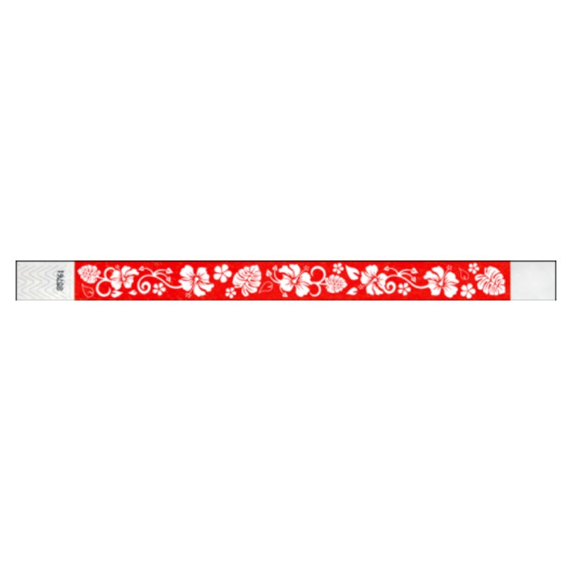 Red tyvek wristband with white hawaiian floral pattern - flat version shown