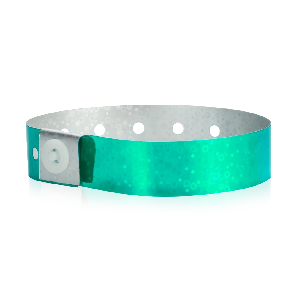 Plastic holographic wristband in aqua - round version shown 