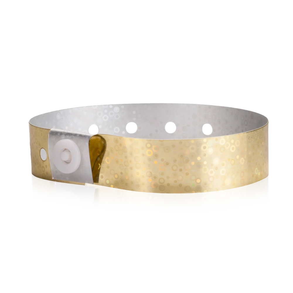 Plastic holographic wristband in gold - round version shown 