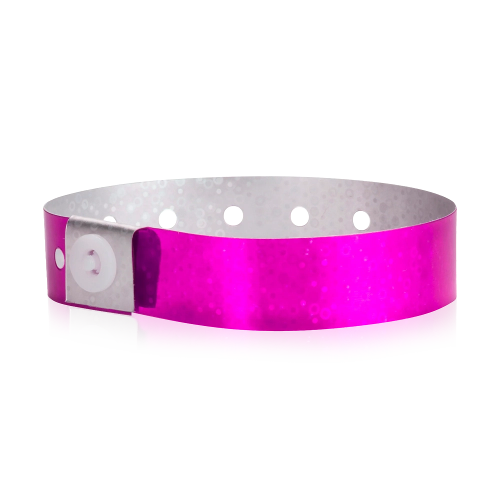plastic holographic wristband in pink - shown in round
