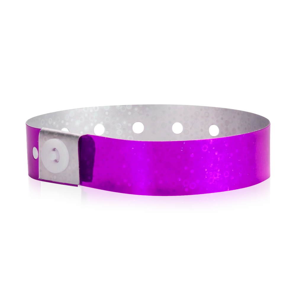 Plastic holographic wristband in purple - round version shown 