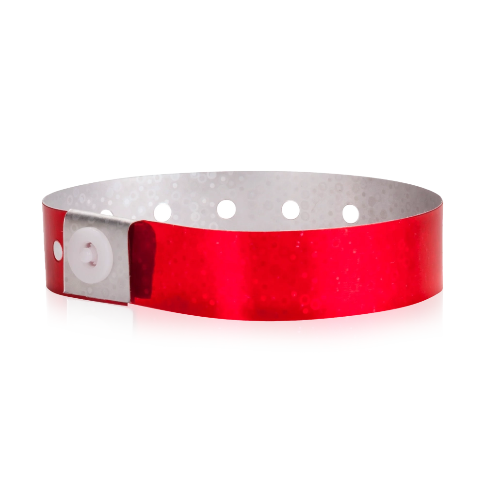 Plastic holographic wristband in red - round version shown 