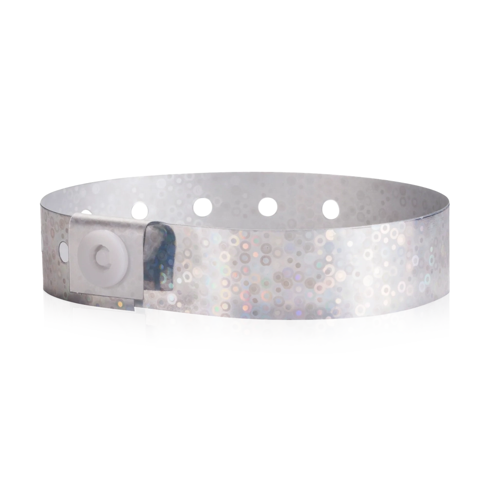 plastic holographic wristband in silver - shown in round