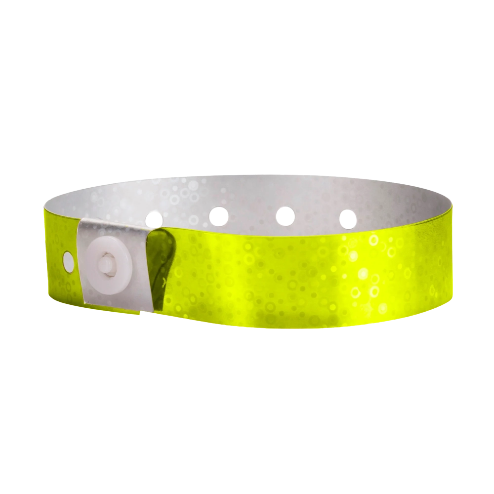 Plastic holographic wristband in yellow - round version shown 