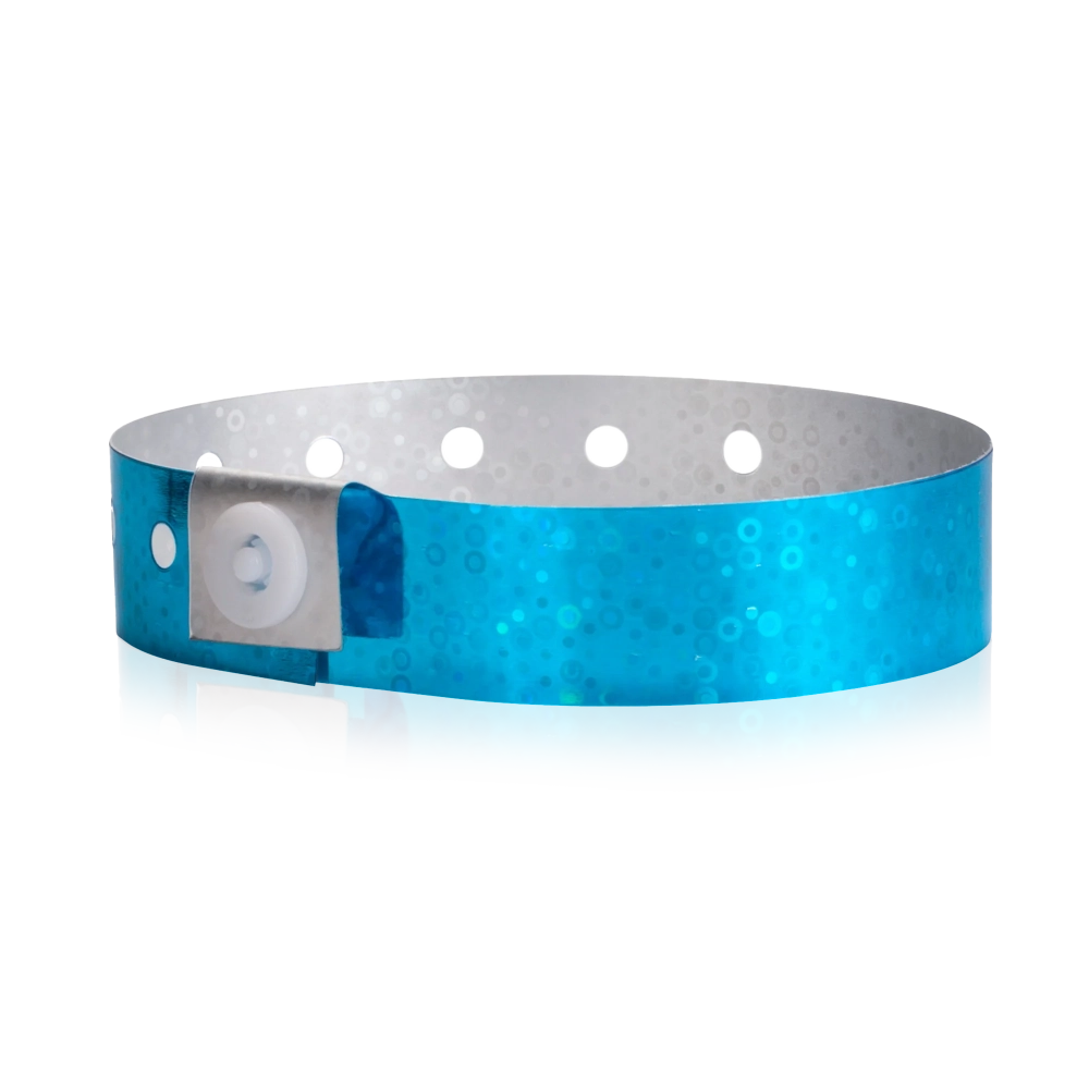plastic holographic wristband in blue - shown in round
