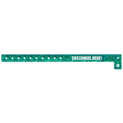 plastic holographic wristband in aqua with white text "CUSTOMIZE HERE!" - shown in flat 