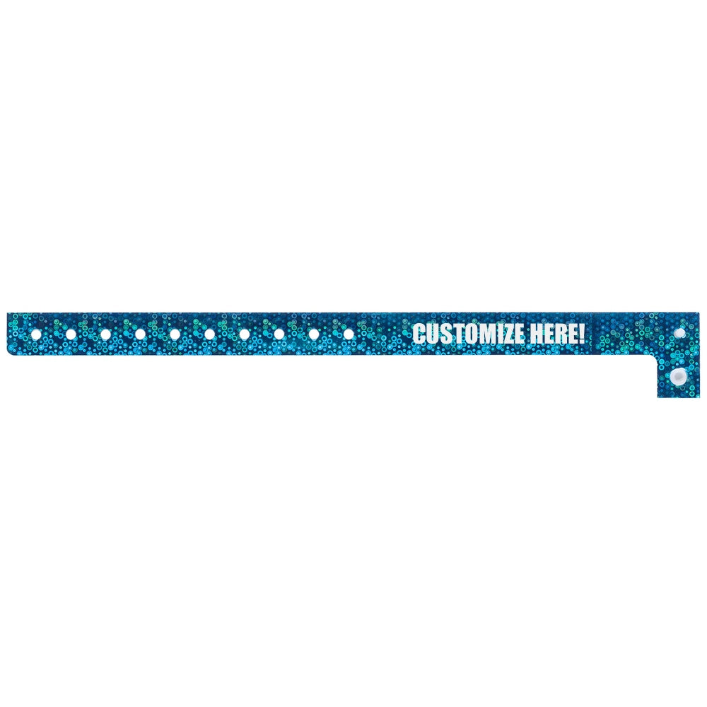 plastic holographic wristband in blue with white text "CUSTOMIZE HERE!" - shown in flat 