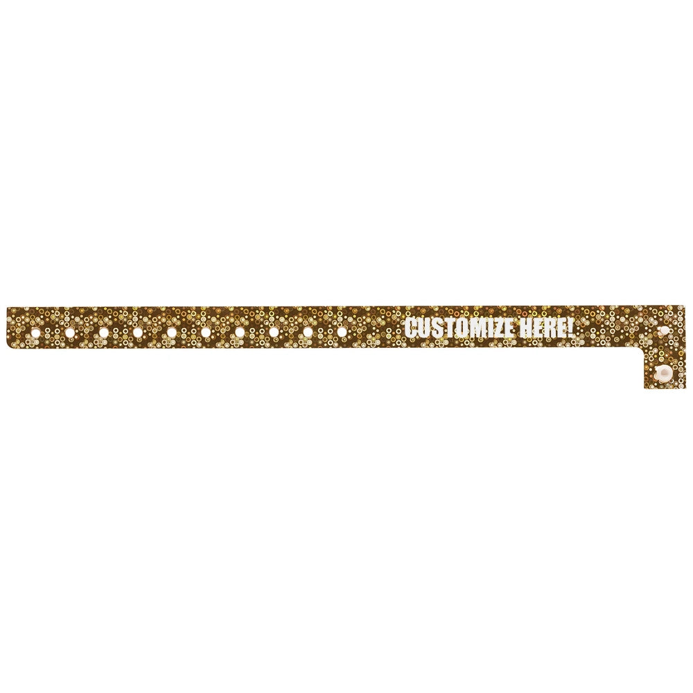 plastic holographic wristband in gold with white text "CUSTOMIZE HERE!" - shown in flat 