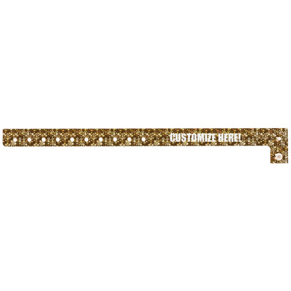 plastic holographic wristband in gold with white text "CUSTOMIZE HERE!" - shown in flat 