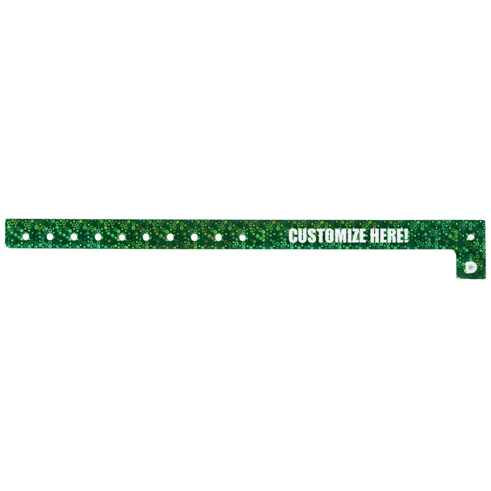 plastic holographic wristband in green with white text "CUSTOMIZE HERE!" - shown in flat 