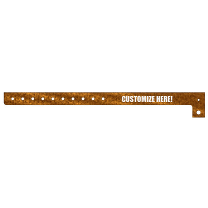 plastic holographic wristband in orange with white text "CUSTOMIZE HERE!" - shown in flat 