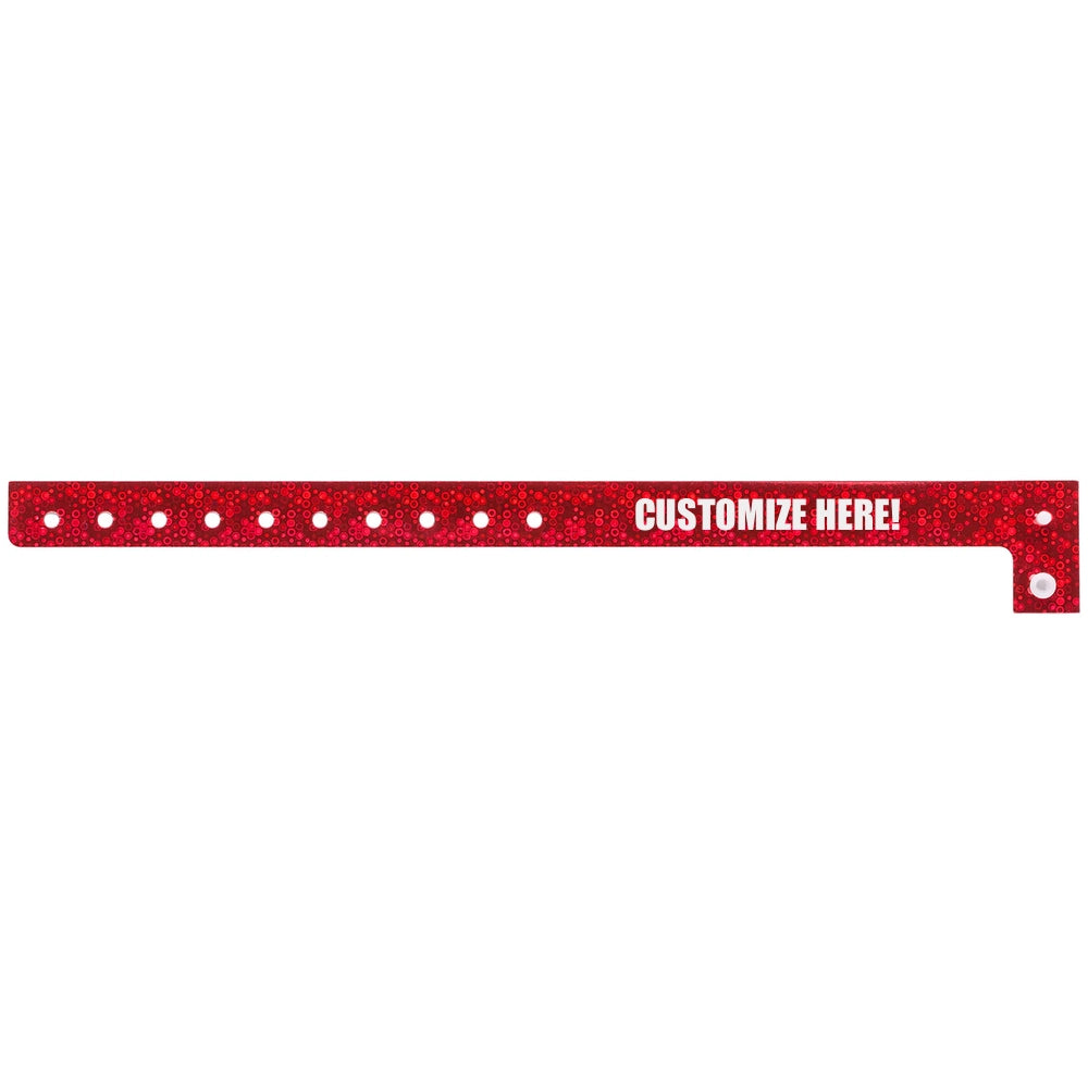 plastic holographic wristband in red with white text "CUSTOMIZE HERE!" - shown in flat 