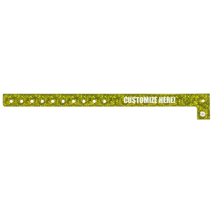 plastic holographic wristband in yellow with white text "CUSTOMIZE HERE!" - shown in flat 