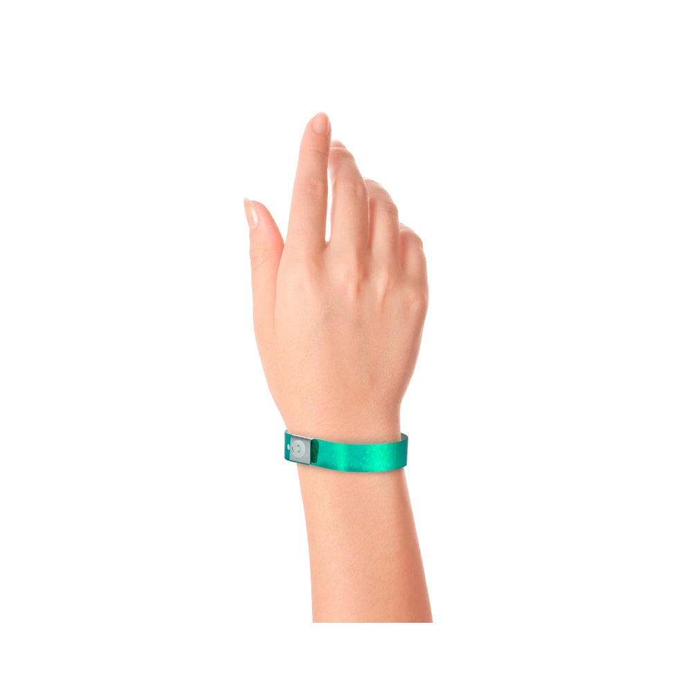 plastic holographic wristband in aqua - shown on hand 
