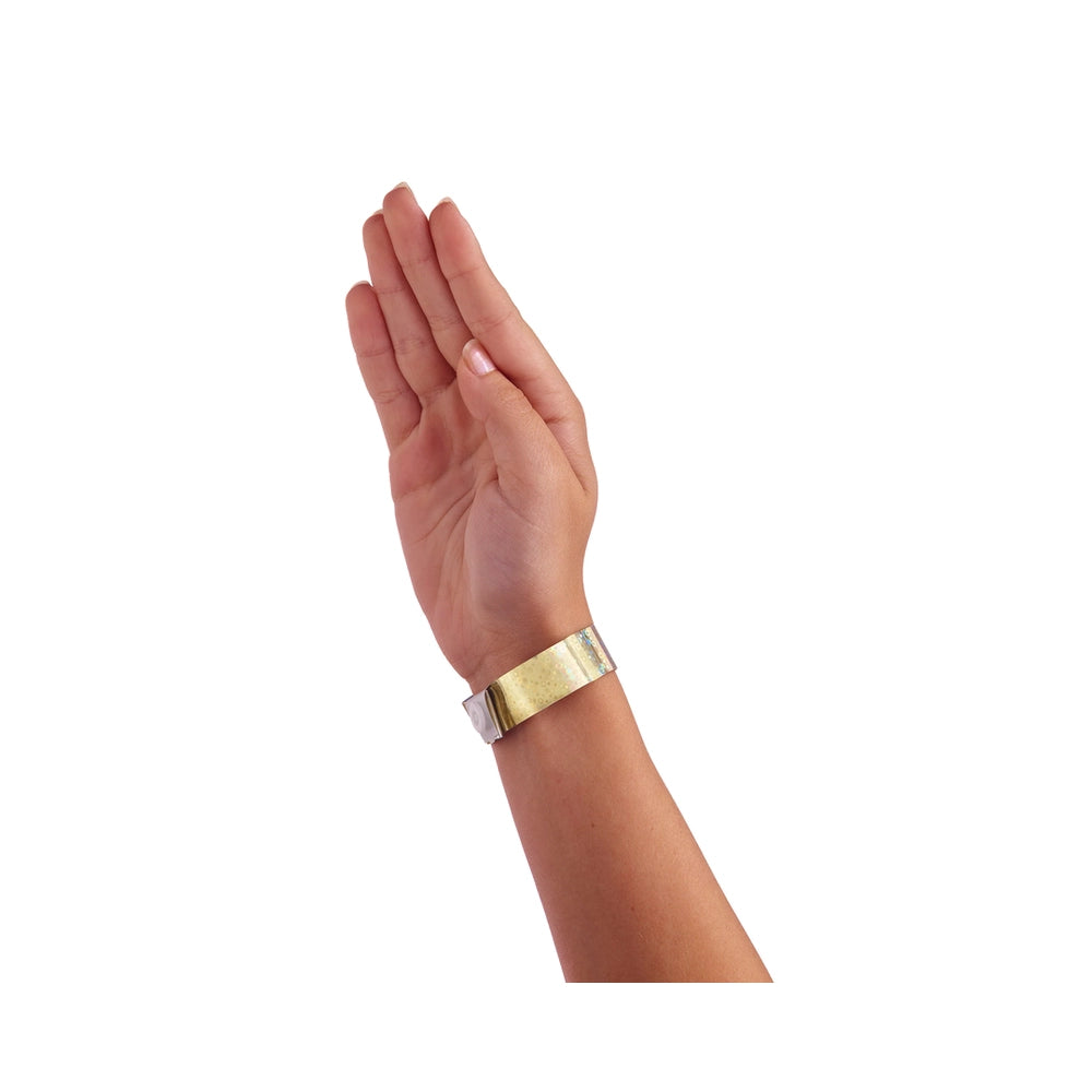 Wrist wearing Plastic holographic wristband in gold