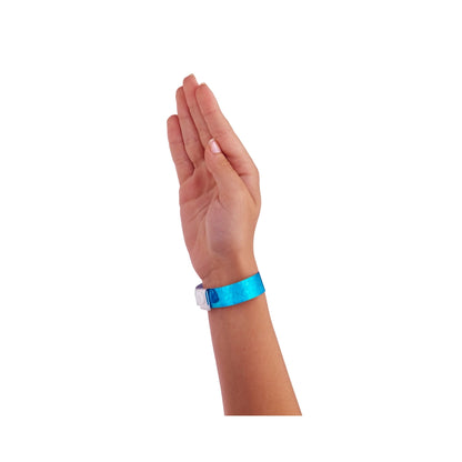Wrist wearing Plastic holographic wristband in blue