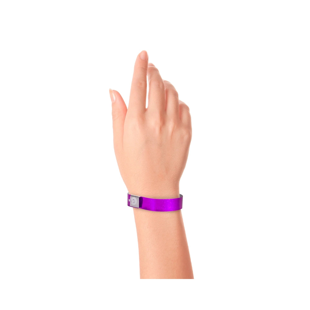 Wrist wearing Plastic holographic wristband in purple
