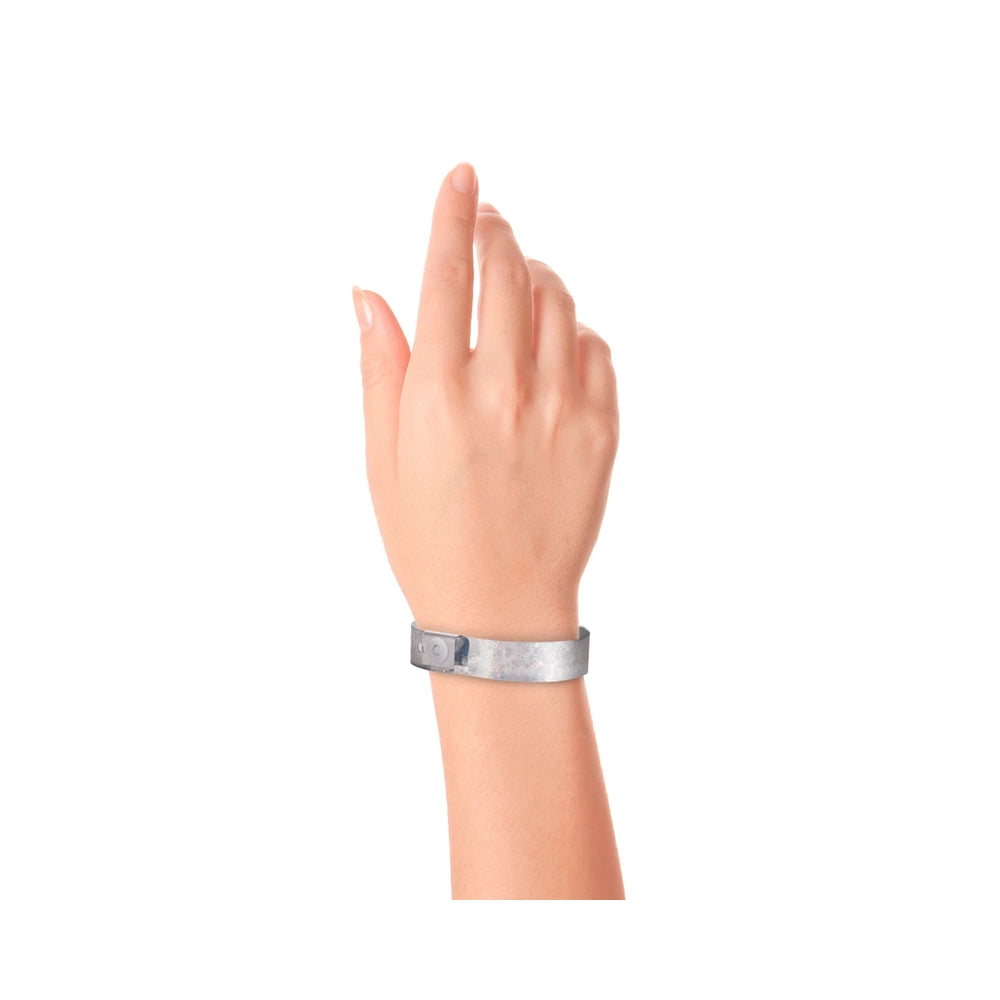 Wrist wearing Plastic holographic wristband in silver