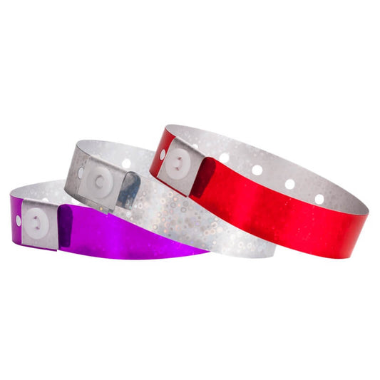 Plastic holographic wristband shown in purple, silver and red 