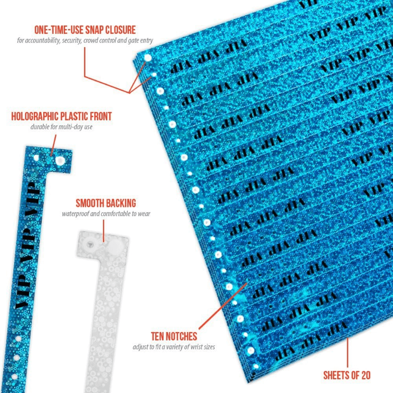 Vip Holographic product specification page showing one time single use snaps, 10 holes for size adjustments and packaging in sheets of 20 - shown with a smooth Holographic plastic front in blue