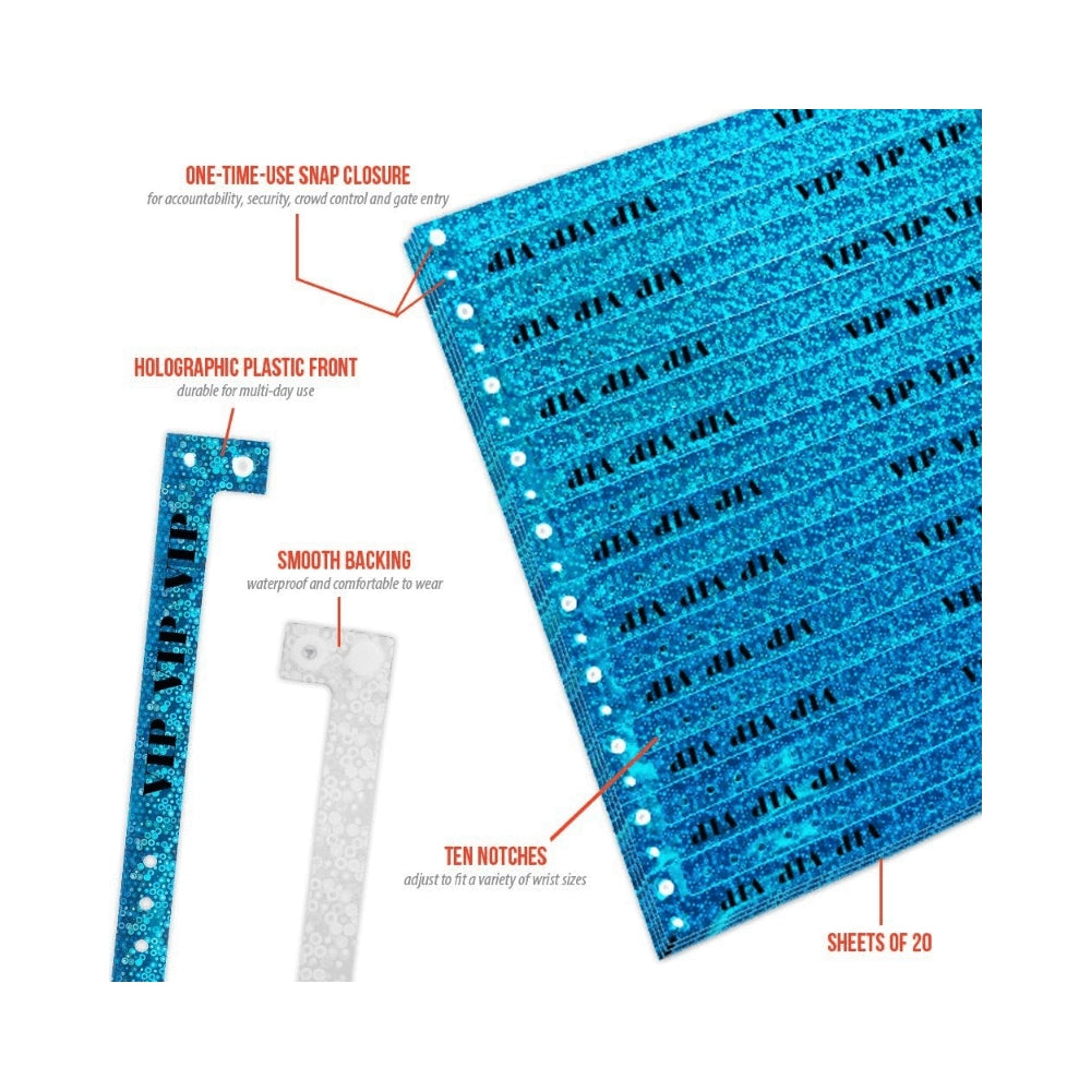 Specifications sheet for holographic VIP wristband in blue 