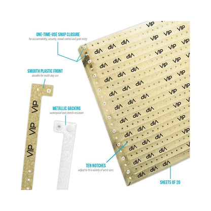 Specifications sheet for holographic VIP wristband in gold