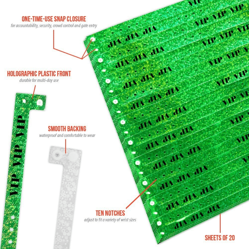 Vip Holographic product specification page showing one time single use snaps, 10 holes for size adjustments and packaging in sheets of 20 - shown with a smooth Holographic plastic front in green
