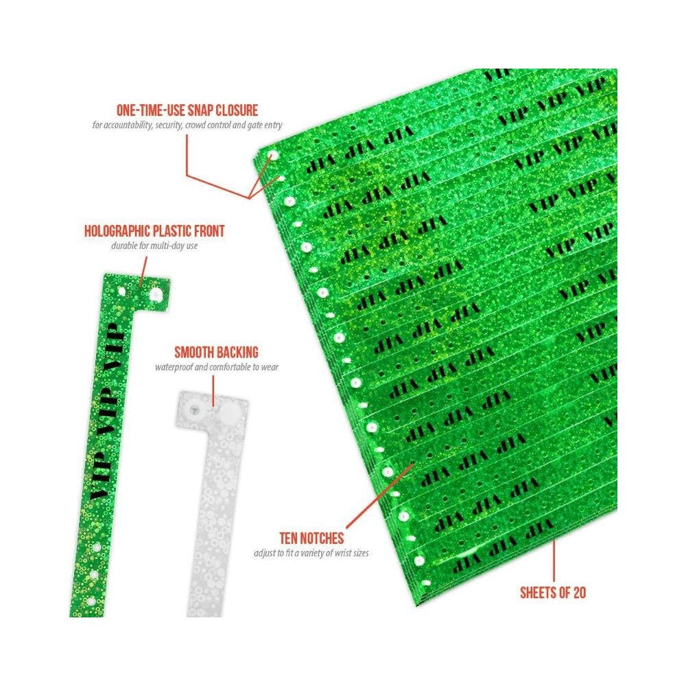 Specifications sheet for holographic VIP wristband in green