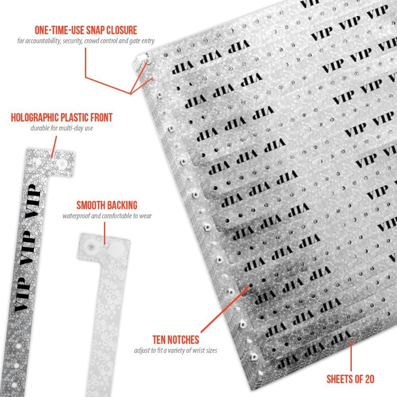 Vip Holographic product specification page showing one time single use snaps, 10 holes for size adjustments and packaging in sheets of 20 - shown with a smooth Holographic plastic front in silver 