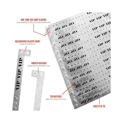 Specifications sheet for holographic VIP wristband in silver