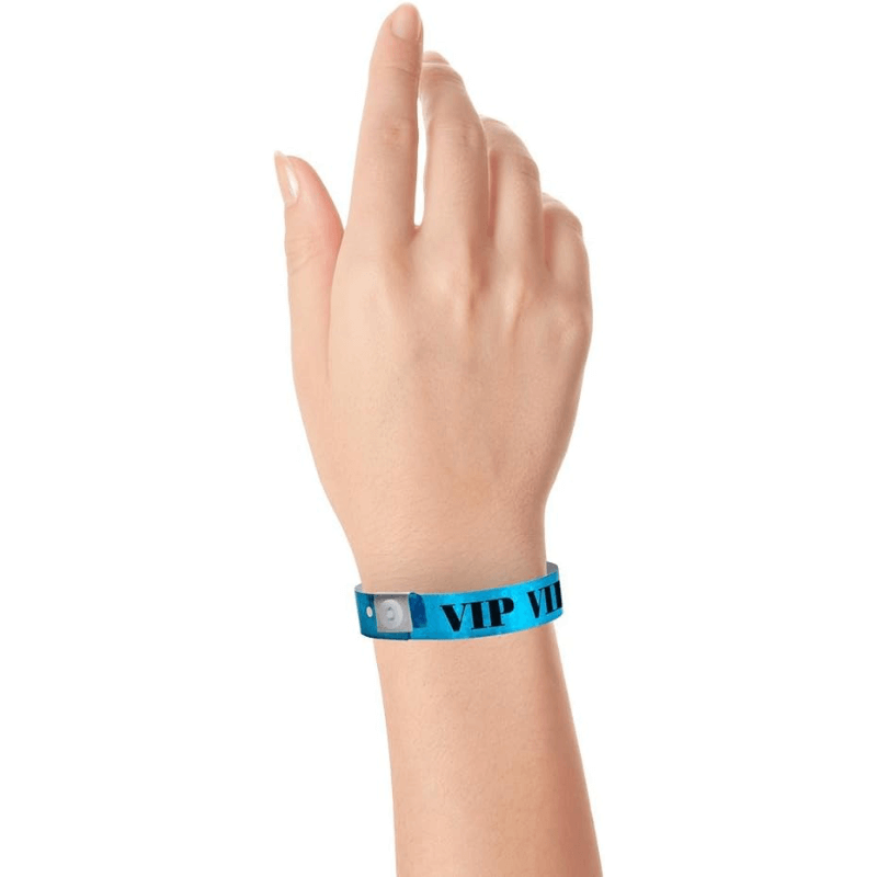 Vip holographic Wristband shown in blue on hand