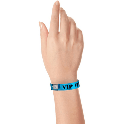 Vip holographic Wristband shown in blue on hand