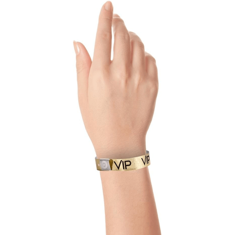 Vip holographic Wristband shown in gold on hand