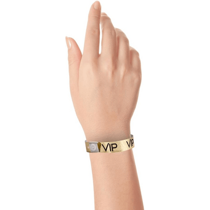 Vip holographic Wristband shown in gold on hand