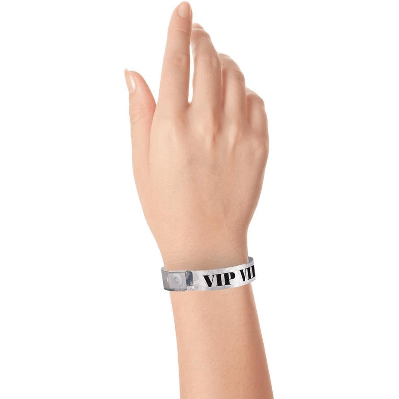 Vip holographic Wristband shown in silver on hand