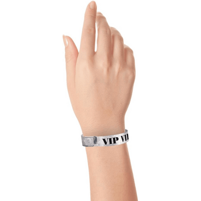 Vip holographic Wristband shown in silver on hand