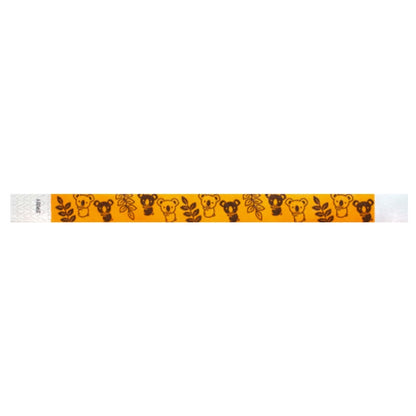 neon orange tyvek wristband with black koalas and leaves - flat version shown
