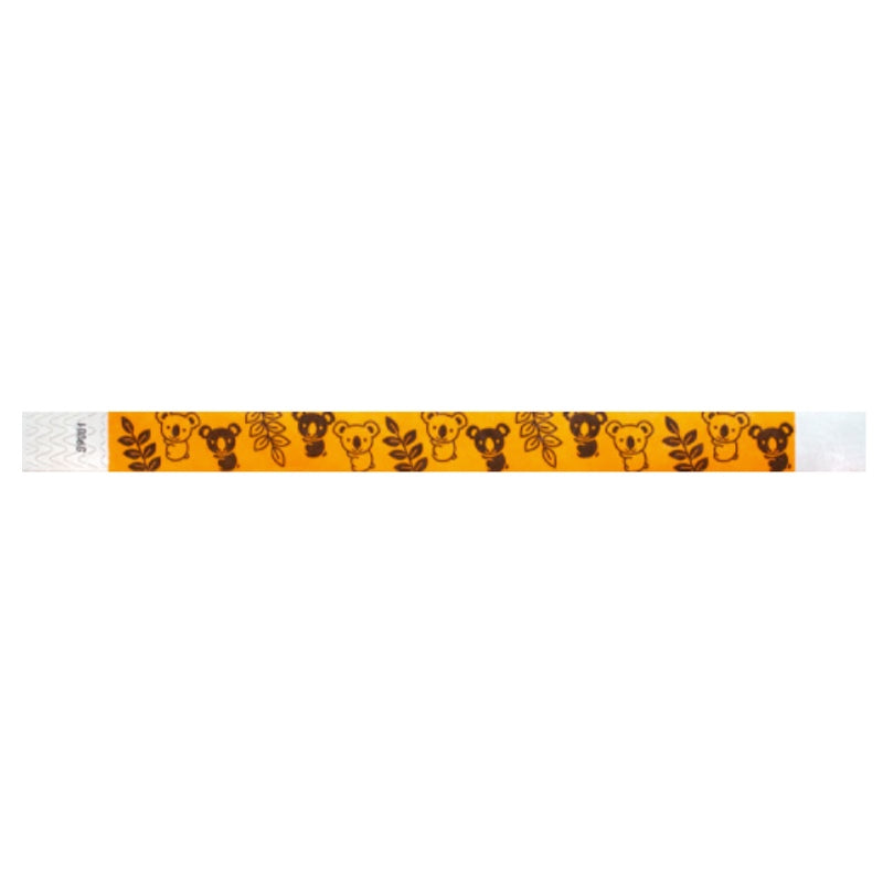 neon orange tyvek wristband with black koalas and leaves - flat version shown